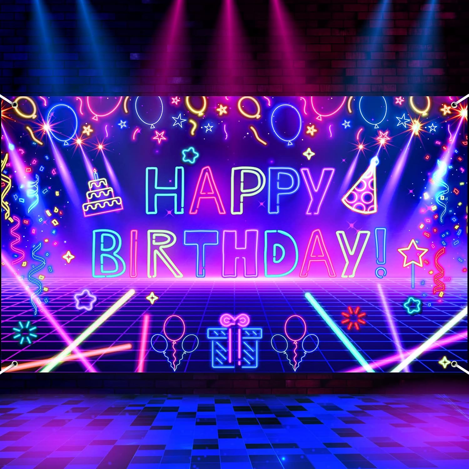 Let'S Party Event Supply - Fotografie Achtergrond Glow Neon Verjaardagsfeestje Banner