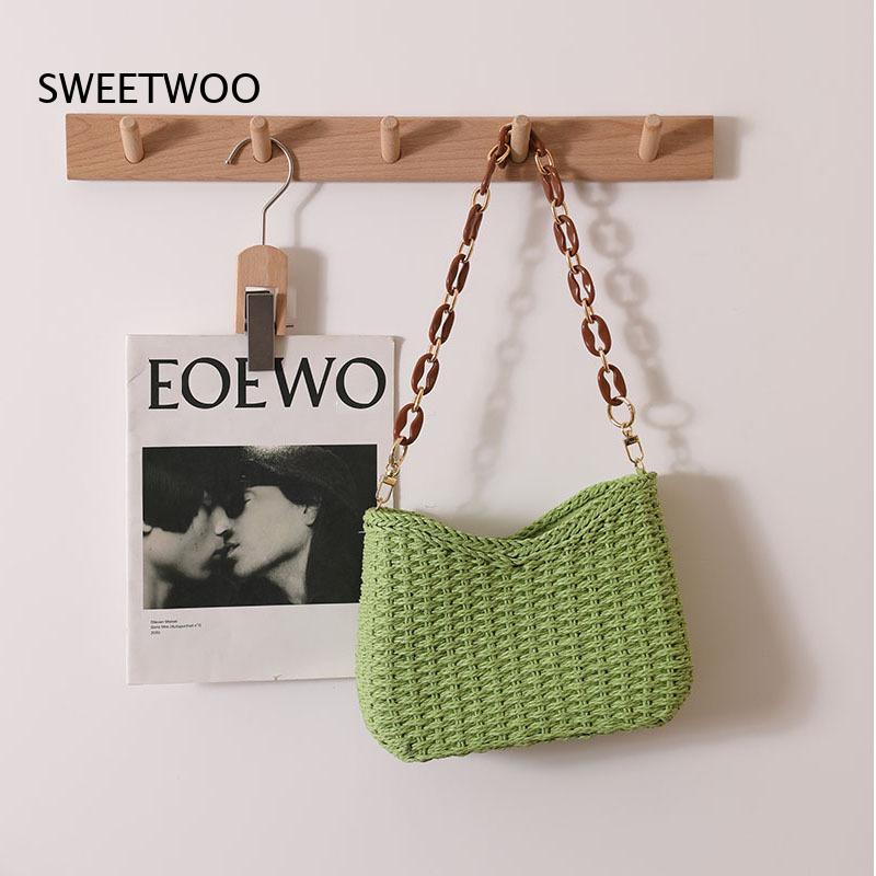 Paper Straw Color - Effen kleur hol geweven stro schoudertas