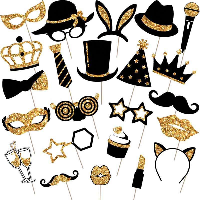 Photo Booth Frame - 23 stuks zwart gouden papier party
