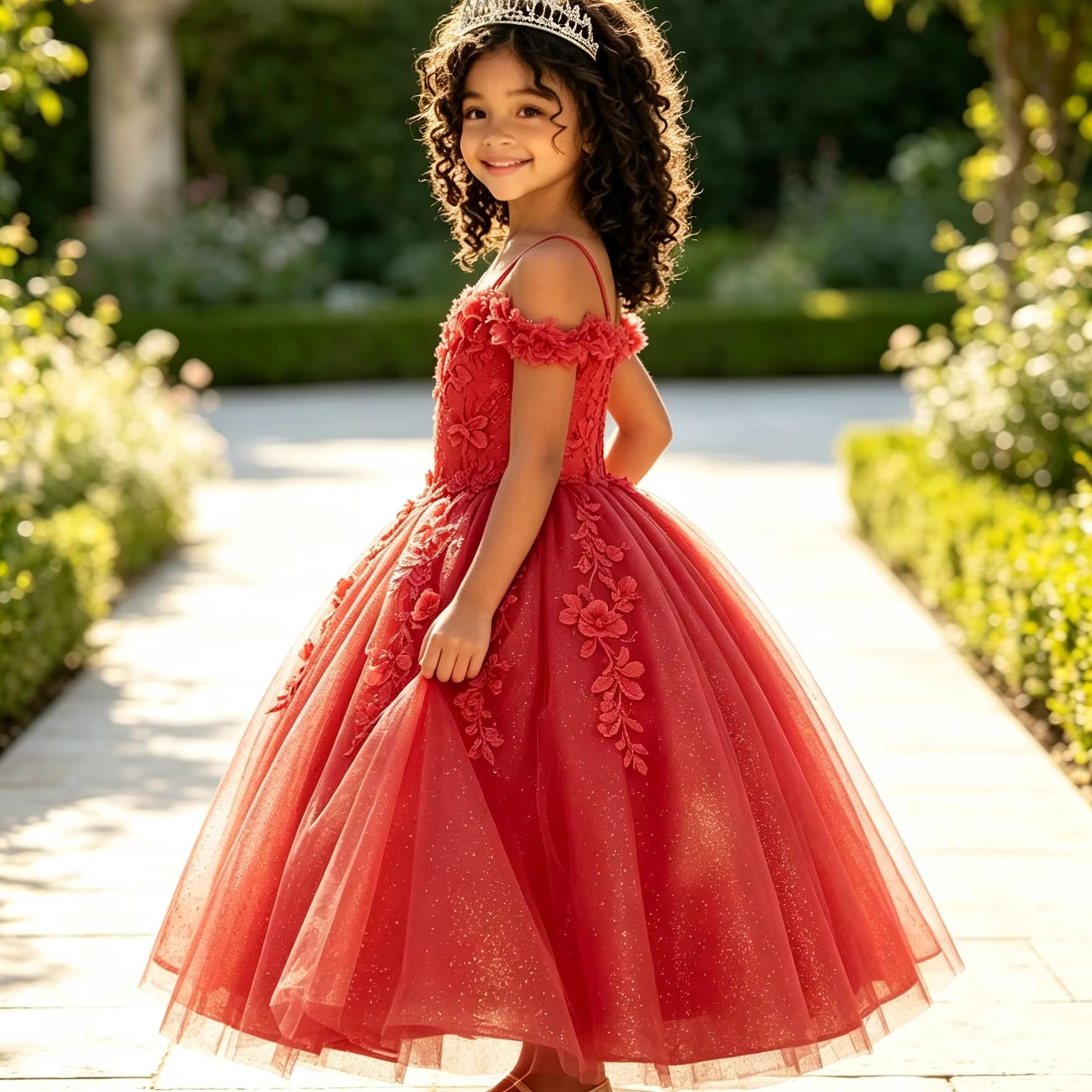 Birthday Sash Glitter - Glitter bloemenmeisjesjurken voor bruiloft Off-shoulder applicaties
