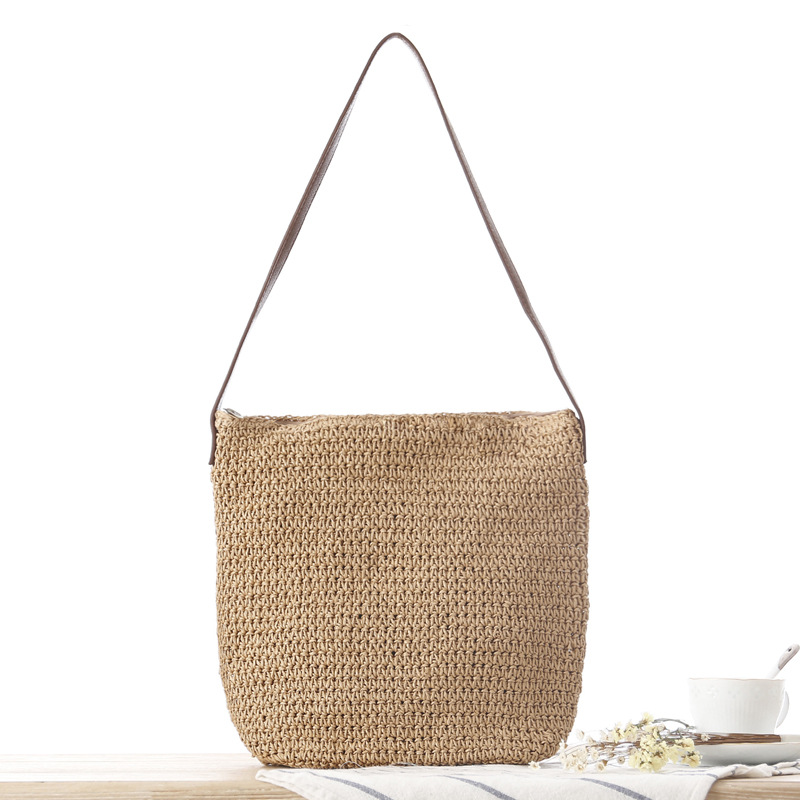 Paper Straw Color - Strooien schoudertas geweven strandtas effen kleur