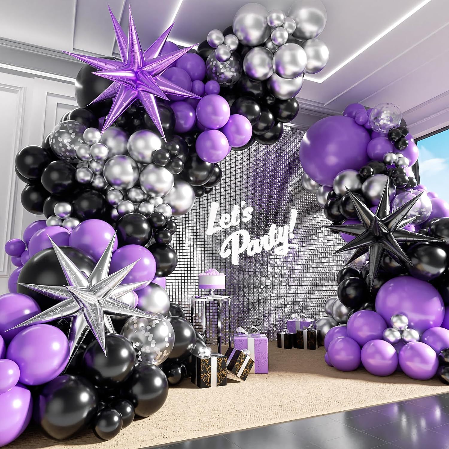 Balloon Arch Kit - 141-delige paarse, zwarte, zilveren ballonslingerboogset voor