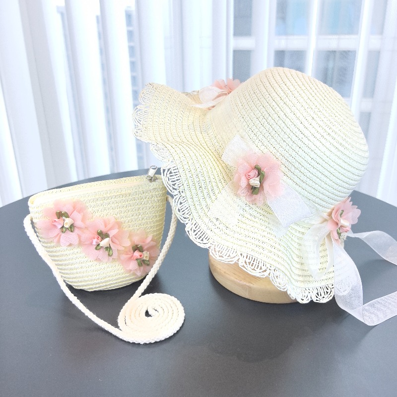 Paper Straw Color - Meisjes 2-delige strohoed effen kleur buitenreizen