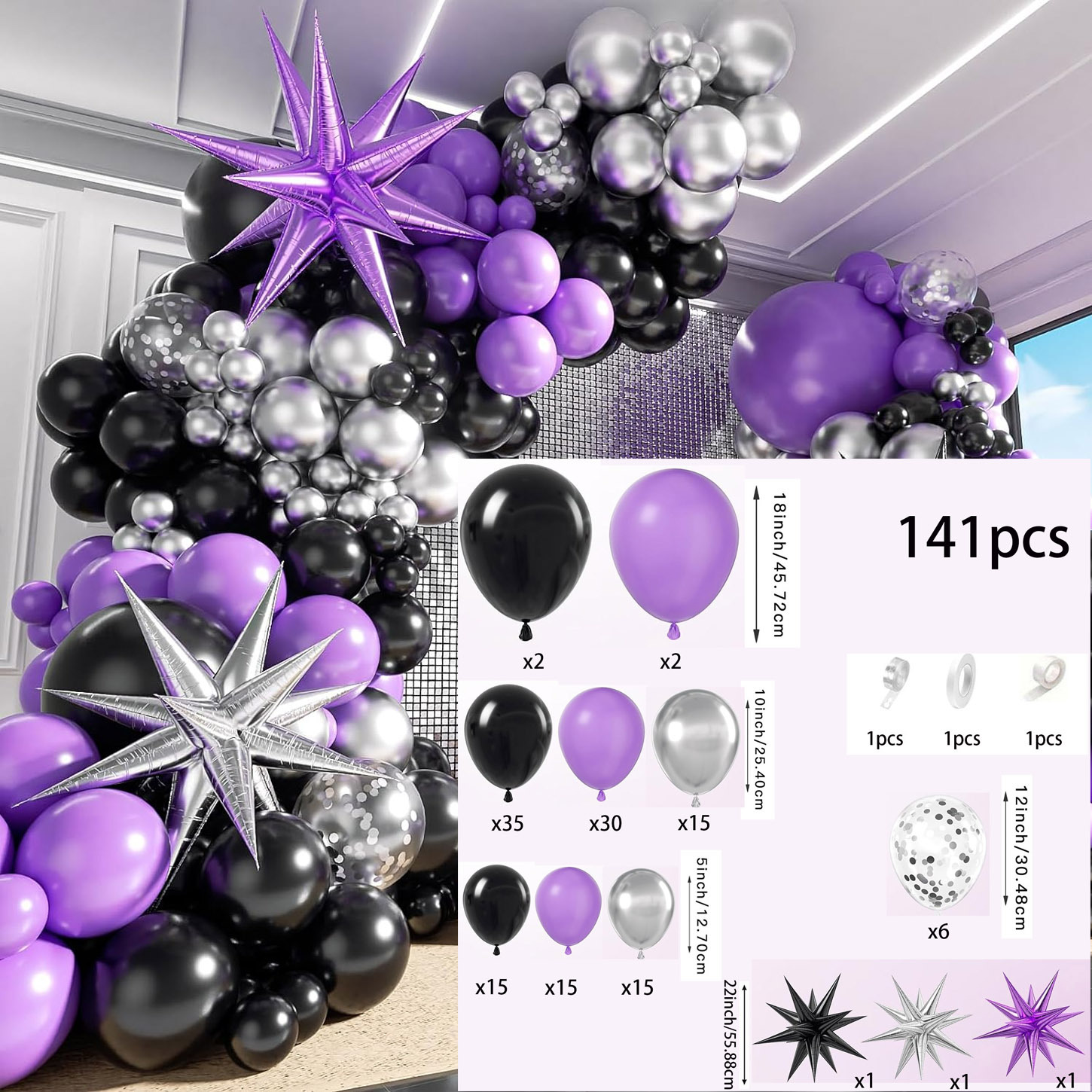 141-delige paarse, zwarte, zil - Balloon Arch Kit recensie en prijs
